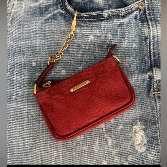 GUCCI Red Monogram Canvas w leather trim Micro Mini Bag w strap - Picture 1 of 14
